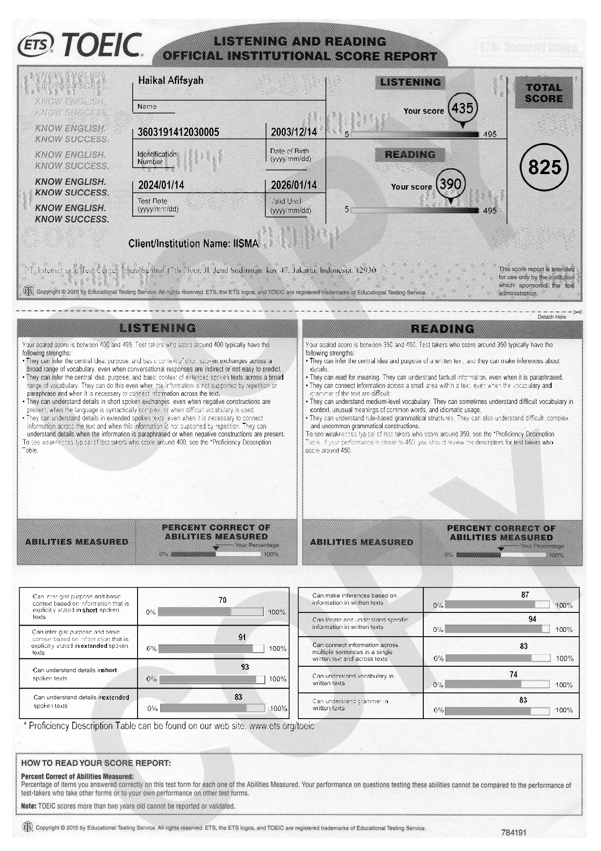 Certificate for ETS - TOEIC